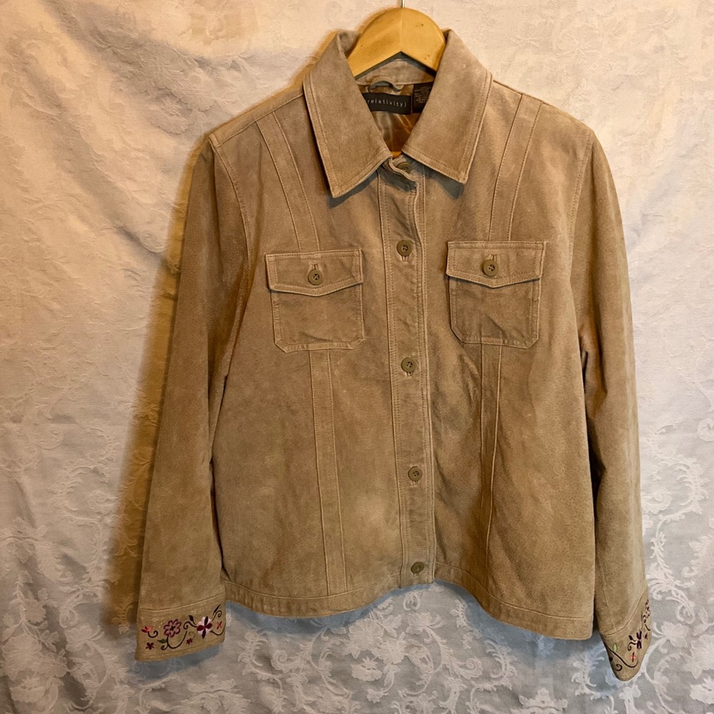 Relativity Suede Embroidered Jacket Beige Women's‎ Button Front Bohemian Boho